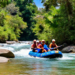 Caribbean Holidays, Dominican Adventures, White-water rafting group travelling through a clear river surrounded by Dominican Republic rainforest