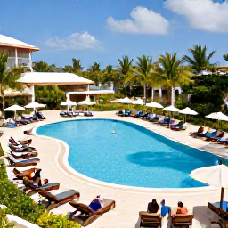 Caribbean Holidays, Dominican All-Inclusive, A bright all-inclusive resort pool in Punta Cana with sun loungers, tropical gardens, and guests enjoying a relaxed holiday atmosphere