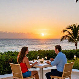 Caribbean Holidays, Dominican All-Inclusive, A couple enjoying a sunset dinner on a Dominican Republic resort terrace overlooking the Caribbean Sea