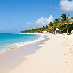 Caribbean Holidays, Dominican All-Inclusive, A wide sandy Caribbean beach beside a turquoise sea, palm trees, and a comfortable all-inclusive resort in the Dominican Republic