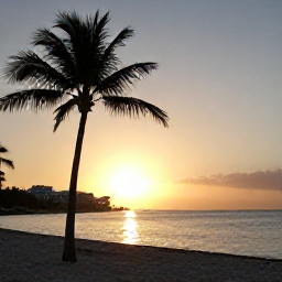 Caribbean Holidays, Dominican All Inclusive, Golden sunset over a Dominican Republic beach with palm silhouettes, calm sea and an all-inclusive resort in the distance