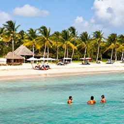 Caribbean Holidays, Dominican All Inclusive, Travellers swimming in calm turquoise Caribbean water and relaxing on a palm-fringed beach near Punta Cana