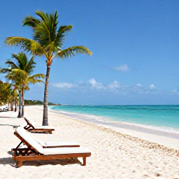 Caribbean Holidays, Dominican All Inclusive, Wide white-sand beach in Punta Cana, Dominican Republic, with turquoise sea, palm trees and comfortable resort sun loungers