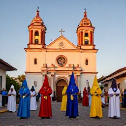 Caribbean Holidays, Dominican April Holidays, Colourful Holy Week procession in a Dominican Republic town, with locals in traditional clothing, church architecture and warm evening light