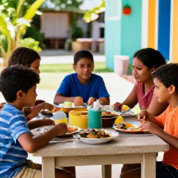 Caribbean Holidays, Dominican April Holidays, Dominican family sharing a traditional Easter meal at a simple outdoor table, with local dishes, colourful surroundings and a relaxed festive atmosphere