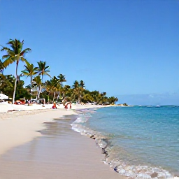 Caribbean Holidays, Dominican April Holidays, Sunny Dominican Republic beach in April with calm turquoise water, palm trees, a few holidaymakers and clear blue skies