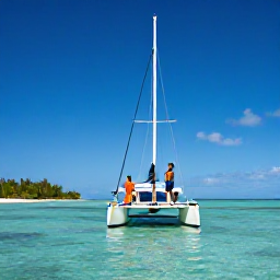 Caribbean Holidays, Dominican April Honeymoons, A couple sailing on a catamaran beside a tropical island near the Dominican Republic, with clear water and bright blue sky