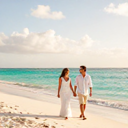 Caribbean Holidays, Dominican April Honeymoons, A newlywed couple walking hand in hand along a quiet white-sand beach in Punta Cana, Dominican Republic, with turquoise sea and soft morning sunlight