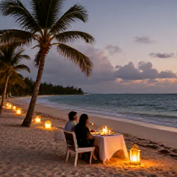 Caribbean Holidays, Dominican April Honeymoons, A romantic candlelit dinner for two on a Dominican Republic beach, with lanterns, palm trees and gentle waves at dusk