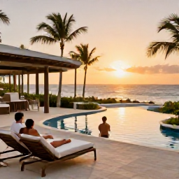 Caribbean Holidays, Dominican April Honeymoons, A stylish beachfront resort in Punta Cana at sunset, with palm trees, swimming pools and a couple enjoying a private terrace