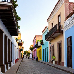 Caribbean Holidays, Dominican August, Colourful Santo Domingo street scene in August with colonial architecture, local people and warm afternoon light