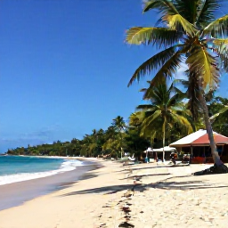 Caribbean Holidays, Dominican August, Quiet Dominican Republic beach near palm trees with a small cultural village and gentle August sunshine