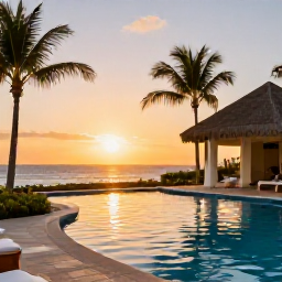 Caribbean Holidays, Dominican Beach Holidays, Comfortable beachfront resort in the Dominican Republic at sunset, with palm trees, swimming pool and warm golden light