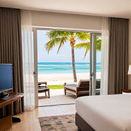 Caribbean Holidays, Dominican Beach Holidays, Comfortable Caribbean resort room opening onto a palm-fringed beach in the Dominican Republic, bright natural light