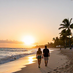 Caribbean Holidays, Dominican Beach Holidays, Couple enjoying a sunset walk along a Dominican Republic beach, warm evening light, gentle waves and palm-lined shore