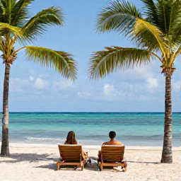 Caribbean Holidays, Dominican Beach Holidays, Couple relaxing on a palm-fringed beach in Punta Cana, Dominican Republic, with calm turquoise water and sun loungers
