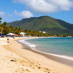 Caribbean Holidays, Dominican Beach Holidays, Golden beach near Puerto Plata with green mountains in the background, local Dominican atmosphere and calm sea