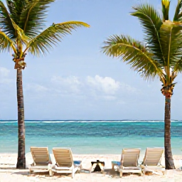 Caribbean Holidays, Dominican Beach Holidays, Relaxed beach scene at a Dominican Republic all-inclusive resort, sun loungers, palm trees and calm turquoise sea