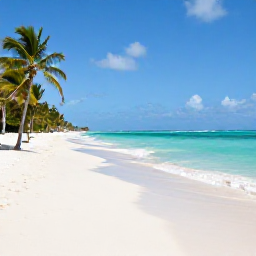 Caribbean Holidays, Dominican Beach Holidays, Wide white-sand beach in Punta Cana, Dominican Republic, with turquoise sea, palm trees and bright March sunshine