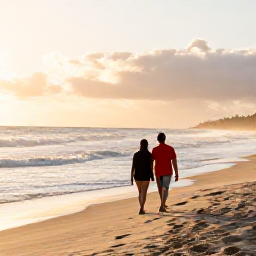 Caribbean Holidays, Dominican Beaches, Couple walking along a quiet Dominican Republic beach at sunrise in January, gentle waves and soft golden light