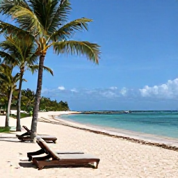 Caribbean Holidays, Dominican Beaches, Elegant beachfront resort in Punta Cana, Dominican Republic, with palm-lined sandy beach, sun loungers and calm blue sea