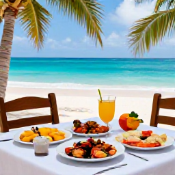 Caribbean Holidays, Dominican Beaches, Outdoor table at a relaxed Dominican beach restaurant with fresh seafood, tropical fruit and ocean views