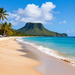 Caribbean Holidays, Dominican Beaches, Quiet palm-fringed beach near Puerto Plata, Dominican Republic, with golden sand, blue sea and green mountains in the distance