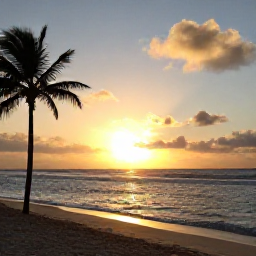 Caribbean Holidays, Dominican Beaches, Relaxed sunset over a Dominican Republic beach with golden sky, palm silhouettes and gentle waves on the sand
