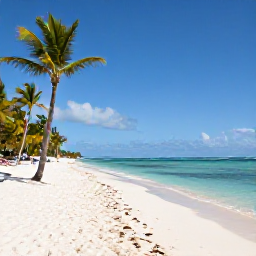 Caribbean Holidays, Dominican Beaches, Wide white-sand beach in Punta Cana, Dominican Republic, with calm turquoise sea, palm trees and bright January sunshine