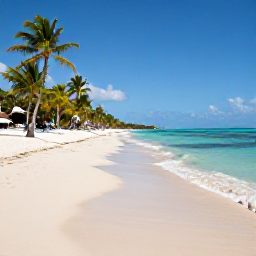 Caribbean Holidays, Dominican Beaches, Wide white-sand Caribbean beach in the Dominican Republic with clear turquoise water, palm trees and a relaxed holiday atmosphere