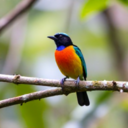 Caribbean Holidays, Dominican Birdwatching, A colourful Hispaniolan palm tanager perched on a branch in lush Dominican Republic rainforest, soft morning light