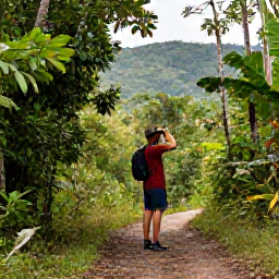 Caribbean Holidays, Dominican Birdwatching, Birdwatcher using binoculars beside a forest trail in the Dominican Republic, with tropical hills in the background