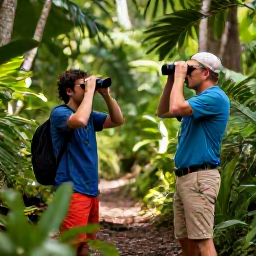Caribbean Holidays, Dominican Birdwatching, Birdwatchers exploring a forest trail in the Dominican Republic with binoculars and tropical vegetation around them
