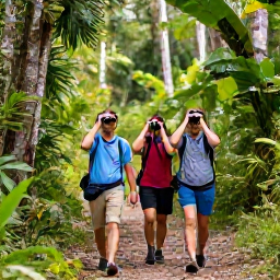 Caribbean Holidays, Dominican Birdwatching, Birdwatchers with binoculars walking along a forest trail in Los Haitises National Park, Dominican Republic, surrounded by tropical vegetation