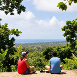 Caribbean Holidays, Dominican Birdwatching, Relaxed birdwatchers enjoying a quiet viewpoint overlooking tropical forest and Caribbean coastline in the Dominican Republic