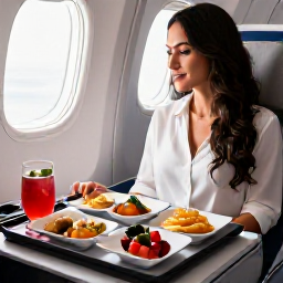 Caribbean Holidays, Dominican Business Class, Business class passenger dining on a thoughtfully presented Caribbean-inspired meal with a drink beside the aircraft window