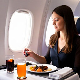 Caribbean Holidays, Dominican Business Class, Business class passenger enjoying a refined meal and drinks beside a window during a Caribbean-bound flight