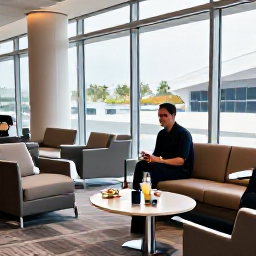 Caribbean Holidays, Dominican Business Class, Business class traveller enjoying a quiet airport lounge with comfortable seating, refreshments and large windows