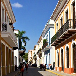 Caribbean Holidays, Dominican Business Class, Colourful colonial street in Santo Domingo, Dominican Republic, with historic buildings, palm trees and visitors exploring