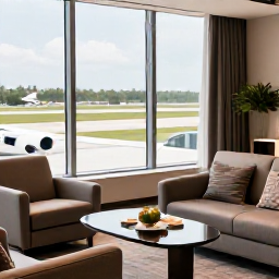 Caribbean Holidays, Dominican Business Class, Elegant airport lounge with comfortable seating, refreshments and large windows overlooking an aircraft runway