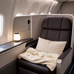Caribbean Holidays, Dominican Business Class, Elegant business class seat converted into a flat bed on an overnight flight, with a blanket, pillow and small reading light