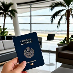 Caribbean Holidays, Dominican Business Class, Happy traveller in an airport lounge preparing for a Dominican Republic holiday, with passport, lounge seating and tropical travel imagery