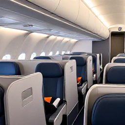 Caribbean Holidays, Dominican Business Class, Modern business class aircraft cabin with spacious lie-flat seats, soft lighting and a traveller relaxing before a flight to the Dominican Republic