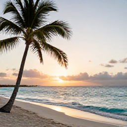 Caribbean Holidays, Dominican Business Class, Palm-fringed Dominican Republic beach at sunset in December with calm turquoise water and soft golden light