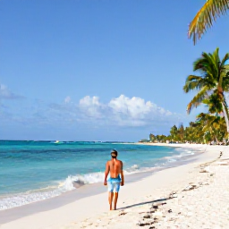 Caribbean Holidays, Dominican Business Class, Palm-fringed Dominican Republic beach with turquoise water, white sand and a relaxed traveller arriving at a luxury resort