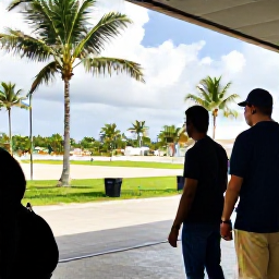 Caribbean Holidays, Dominican Business Class, Relaxed traveller arriving at Punta Cana airport in the Dominican Republic, with tropical palms and bright Caribbean sunshine outside