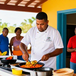 Caribbean Holidays, Dominican Cooking Holidays, A Dominican chef demonstrating how to prepare traditional Caribbean food while holidaymakers cook together in a colourful open-air kitchen