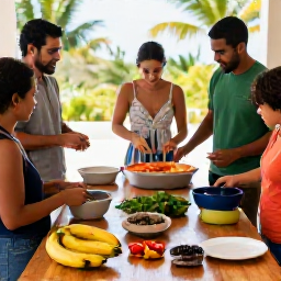 Caribbean Holidays, Dominican Cooking Holidays, A welcoming Dominican cooking class in a bright outdoor kitchen, with fresh plantains, peppers, herbs and spices on a wooden table