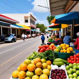Caribbean Holidays, Dominican Cooking Holidays, Colourful Dominican Republic market in February, with fresh tropical fruit, vegetables, herbs and local spices displayed beside a sunny Caribbean street