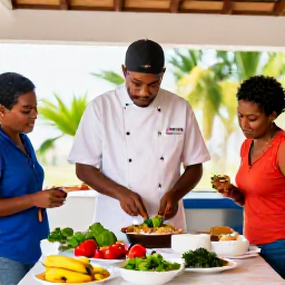 Caribbean Holidays, Dominican Cooking Holidays, Friendly local chef teaching visitors to prepare Dominican food in a bright open-air kitchen, with plantains, peppers, rice and fresh herbs on the table